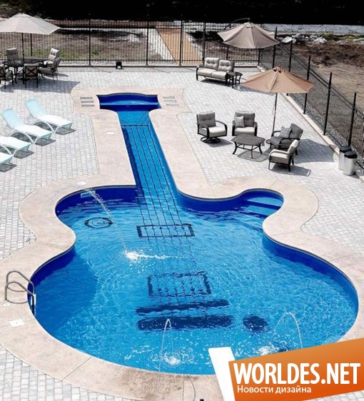 ландшафтный дизайн, дизайн бассейна, бассейн, необычный бассейн, оригинальный бассейн, стильный бассейн, уникальный бассейн, бассейн в форме гитары